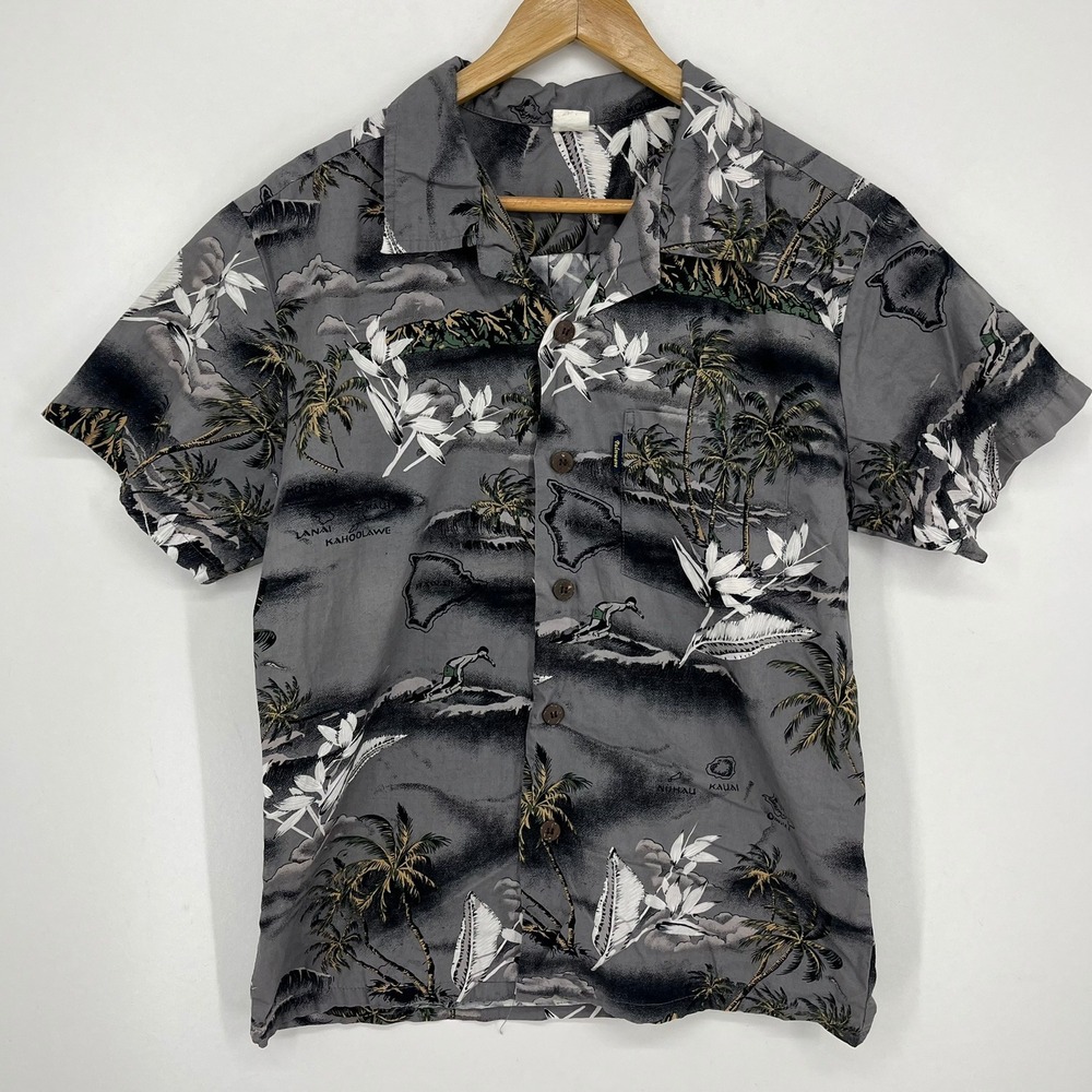 Palmwave‎ Mens Hawaiian Shirt Grey Cotton Surfer Island Map Aloha S Vtg